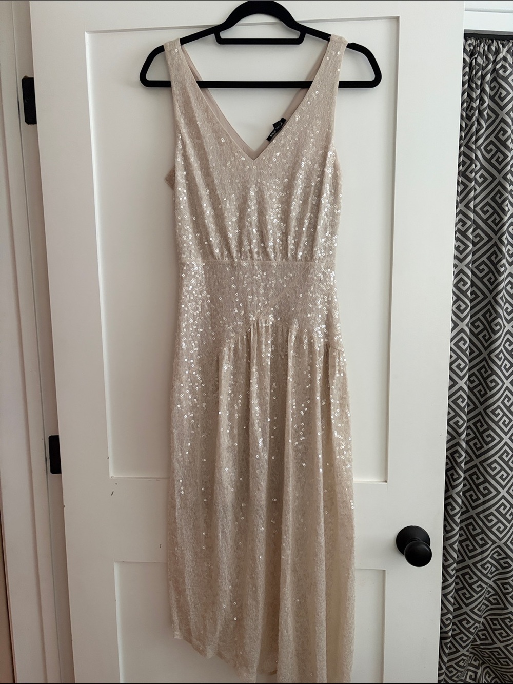 Express Sequin V-Neck Midi Dress in Champagne Beige